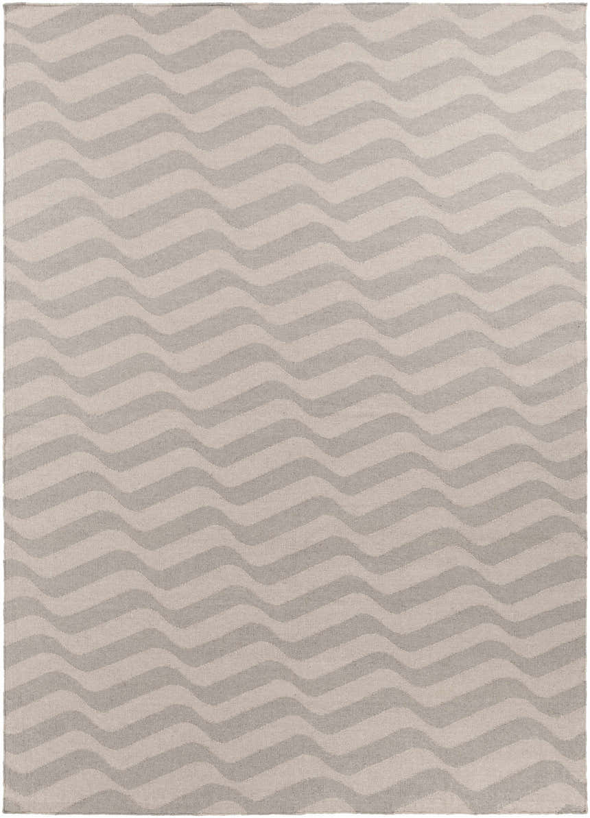 Close-up of the Balsam Area Rug, a hand-woven wool rug with a light gray and slate wavy stripe pattern. Design-Rectangle-811