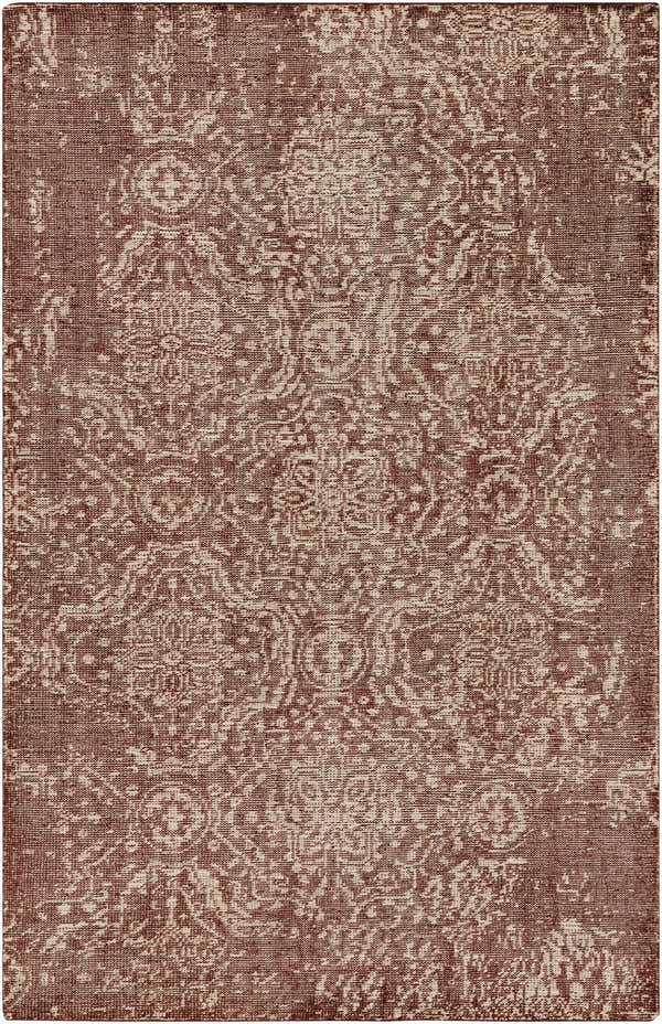 Close-up of a hand-knotted Bamberg Clearance Rug. Burgundy wool rug with a traditional ivory floral pattern. Design-Rectangle