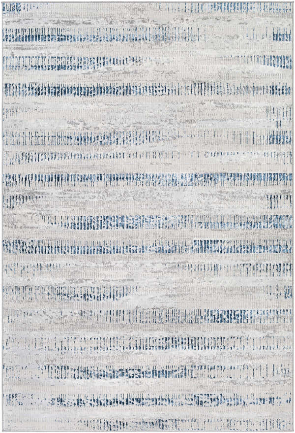 Close-up of the Banana Area Rug featuring cream, gray, and dark blue horizontal stripes. Contemporary, machine-woven design. Design-Rectangle