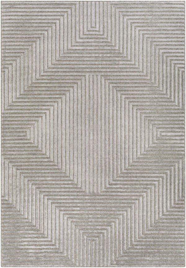 Close-up of the Banayoyo Area Rug featuring a gray geometric maze pattern and subtle texture. Design-Rectangle-5377