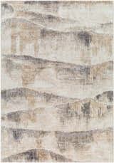 Close-up of Banji Abstract Waves Area Rug. Beige, gray, and brown hues create a modern, textured pattern. Design-Rectangle-5373