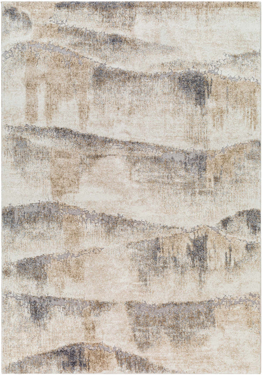 Close-up of Banji Abstract Waves Area Rug. Beige, gray, and brown hues create a modern, textured pattern. Design-Rectangle-5373