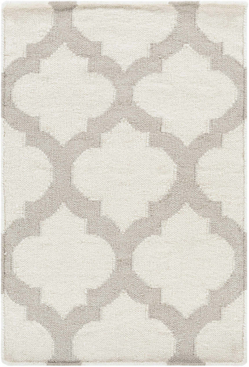 Close-up of Banks Ivory/Gray Trellis Wool Rug showing its hand-woven texture and contemporary trellis pattern. Design-Rectangle-23