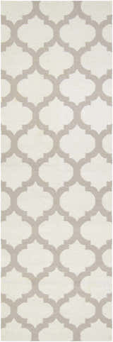 Close-up of the Banks Ivory/Gray Trellis Wool Rug, showcasing its ivory and medium gray quatrefoil pattern and hand-woven texture. Design-Runner-268
