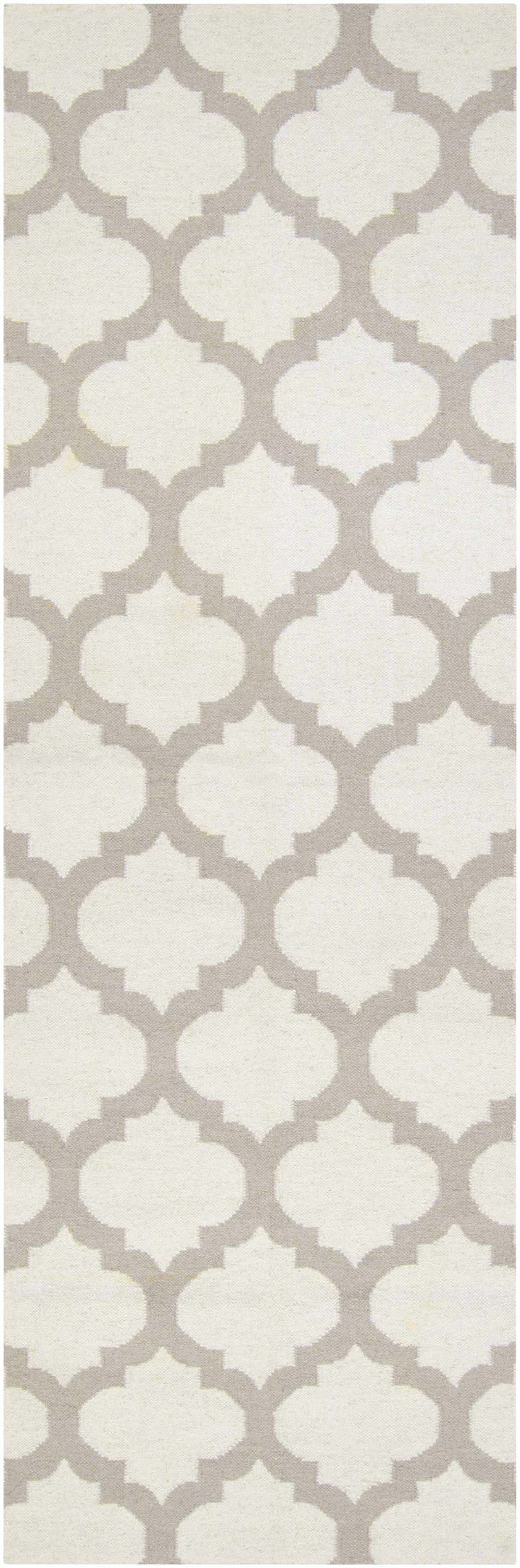 Close-up of the Banks Ivory/Gray Trellis Wool Rug, showcasing its ivory and medium gray quatrefoil pattern and hand-woven texture. Design-Runner-268