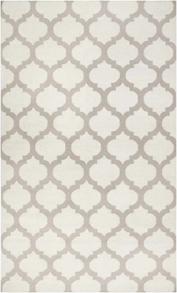 Close-up of Banks Ivory/Gray Trellis Wool Rug, featuring a repeating gray quatrefoil pattern on an ivory background. Design-Rectangle-58