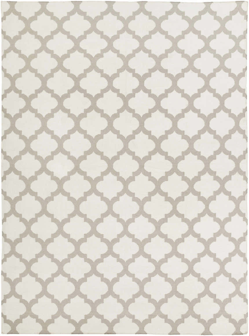 Close-up of the Banks Ivory/Gray Trellis Wool Rug, featuring a gray quatrefoil pattern on an ivory background. Design-Rectangle-811