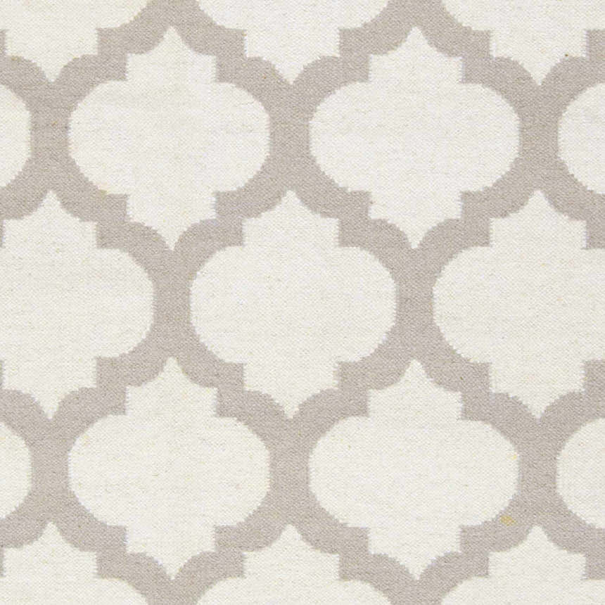 Close-up of Banks Ivory/Gray Trellis Wool Rug showing the ivory and medium gray Moroccan-inspired pattern. Swatch