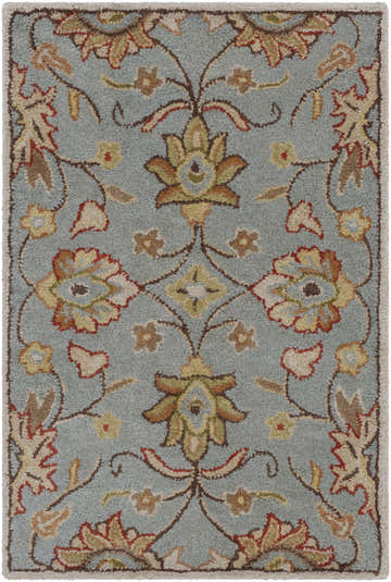 Close-up of the Conesus Hand Tufted Gray 1052 Area Rug. Features a floral design with brick red, brown, and olive tones. Design-Rectangle-23