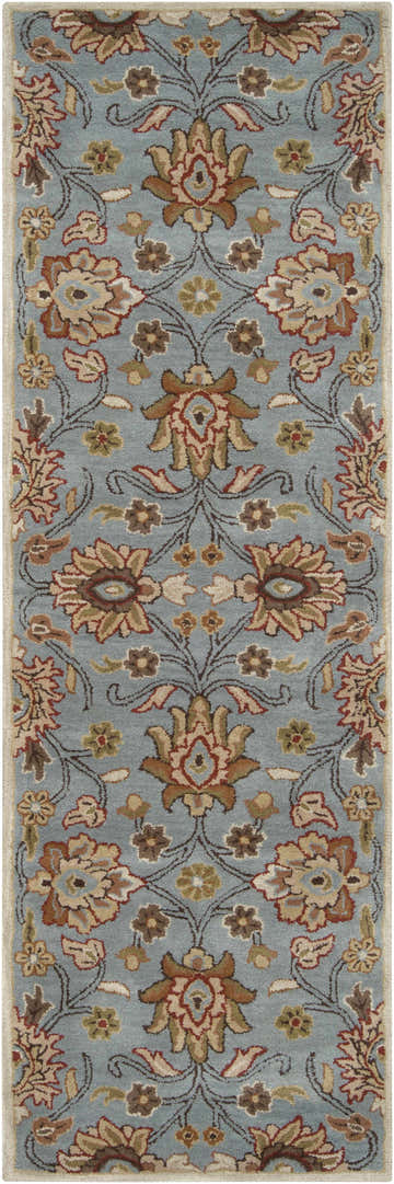 Close-up of the Conesus Hand Tufted Gray 1052 Area Rug. Features a floral pattern in brick red, brown, and olive on a gray background. Design-Runner-268
