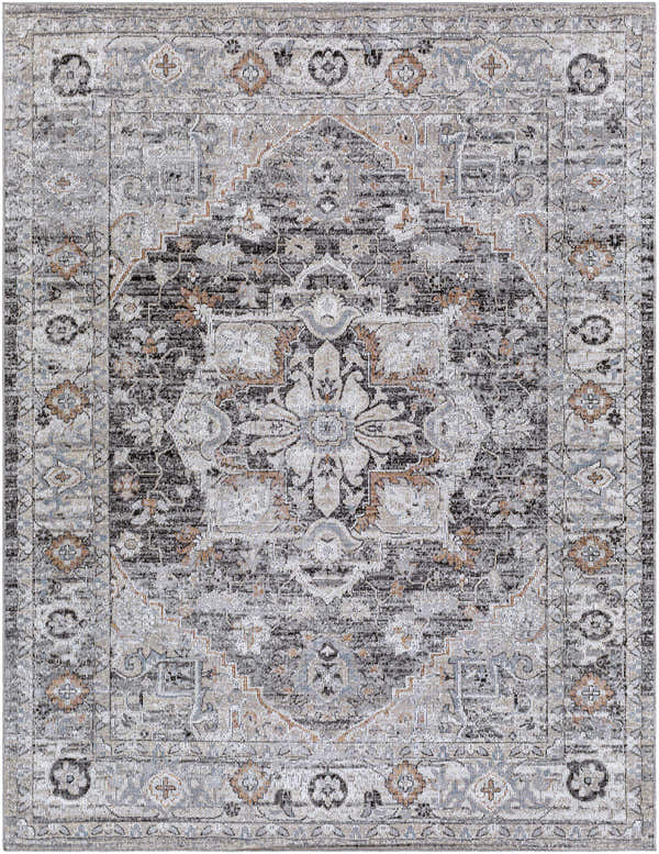 Close-up of the Banstead Area Rug, a machine-woven traditional rug with beige, black, and blue Oriental-inspired patterns. Design-Rectangle-71010