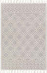 Close-up of Bansalan Area Rug with cream and gray diamond pattern and tasseled edges. Bohemian style. Design-Rectangle-537