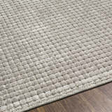 Close-up of the textured, light gray Bantiqui Area Rug on a dark wood floor. Machine woven rectangle rug. Texture