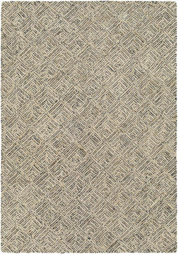Close-up of the Barahan Area Rug. Hand-tufted wool rug with a geometric pattern in black, charcoal, ivory, and olive. Design-Rectangle-576