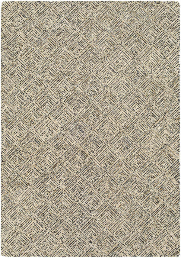 Close-up of the Barahan Area Rug. Hand-tufted wool rug with a geometric pattern in black, charcoal, ivory, and olive. Design-Rectangle-576