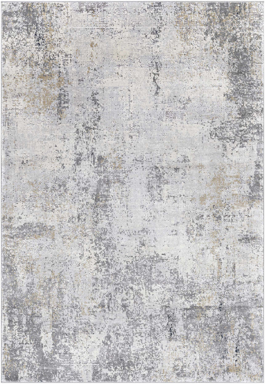 Close-up of the Baranduda Abstract Gray Luxe Rug, featuring charcoal, blue, beige, and yellow distressed pattern. Design-Rectangle-573