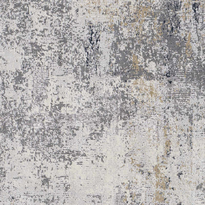 Close-up of the Baranduda Abstract Gray Luxe Rug, featuring charcoal, light gray, and beige abstract patterns. Swatch