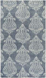 Close-up of the Bargersville Area Carpet - Clearance, featuring a blue and pale blue damask pattern. Hand-knotted wool texture. Design-Rectangle
