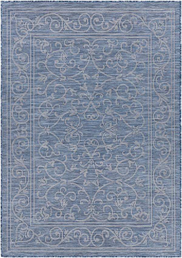 Close-up of Bargara Flatweave Area Carpet in blue. Features a traditional floral pattern and border. Design-Rectangle-537
