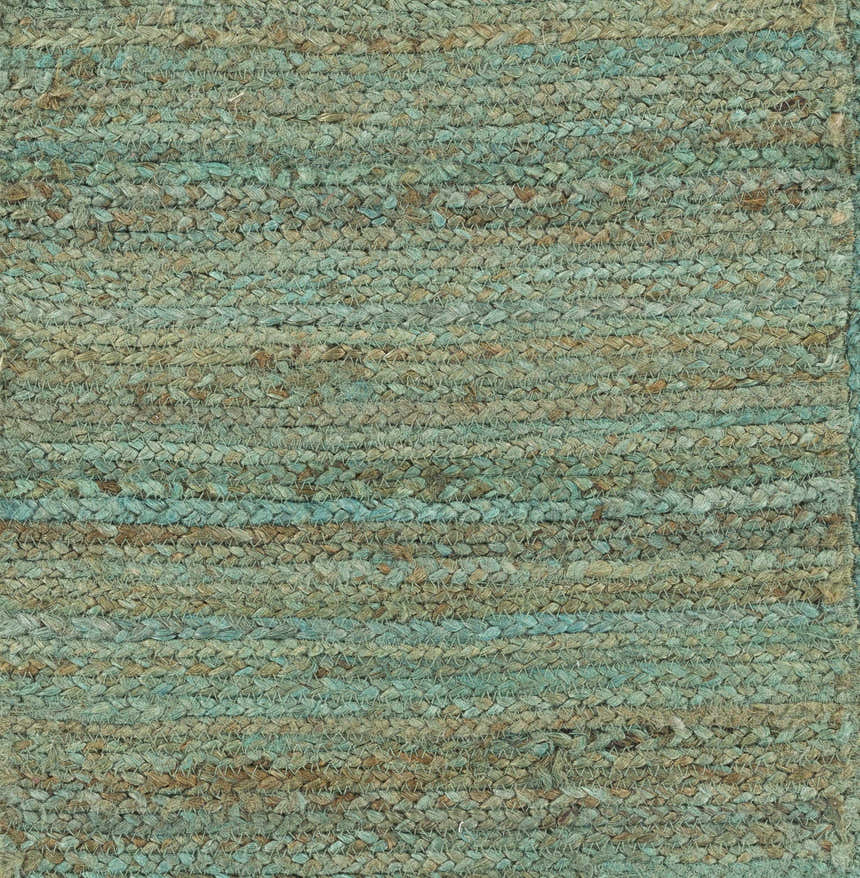 Close-up of Barksdale Green Hand Woven Jute rug showing charcoal and mint colors and natural fiber texture. Swatch
