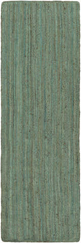 Close-up of Barksdale Green Hand Woven Jute rug. The natural fiber rug has charcoal and mint tones with a braided texture. Design-Runner-268