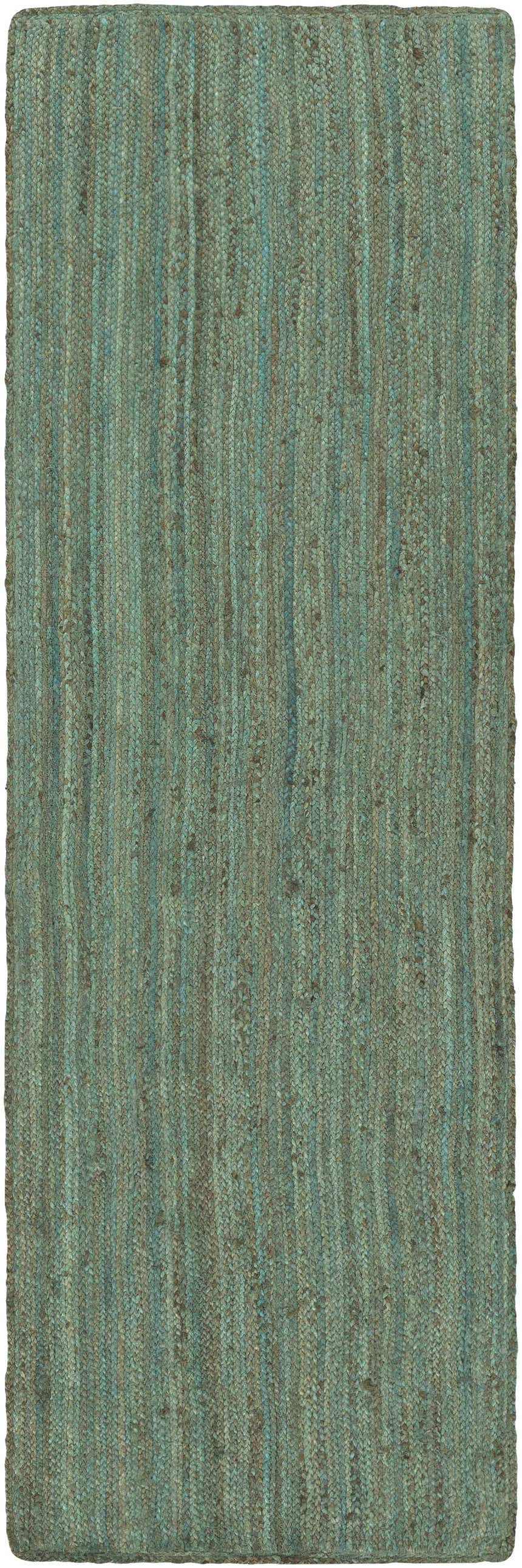 Close-up of Barksdale Green Hand Woven Jute rug. The natural fiber rug has charcoal and mint tones with a braided texture. Design-Runner-268