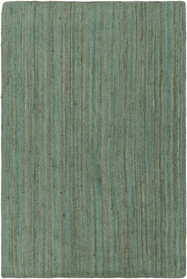 Close-up of the Barksdale Green hand woven jute rug. Features charcoal and mint colors with a natural fiber texture. Design-Rectangle-576
