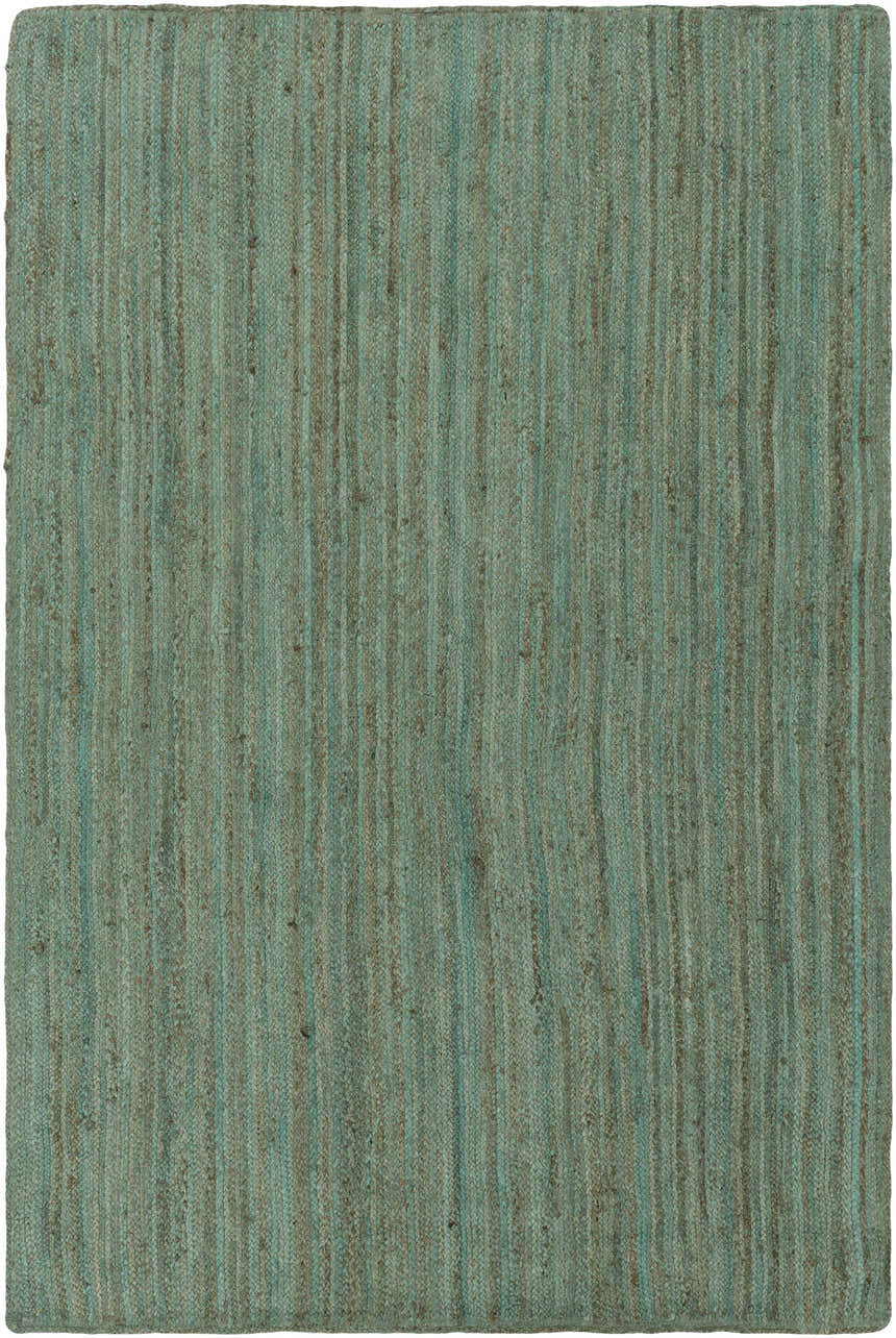 Close-up of the Barksdale Green hand woven jute rug. Features charcoal and mint colors with a natural fiber texture. Design-Rectangle-576
