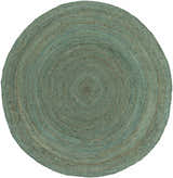 Close-up of round Barksdale Green rug. Hand-woven jute rug with charcoal and mint tones, natural fiber texture. Design-Round-5