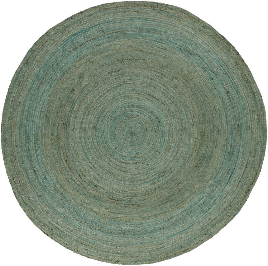 Round Barksdale Green Jute rug. Hand woven natural fiber rug in mint and charcoal with a concentric circle pattern. Design-Round-8