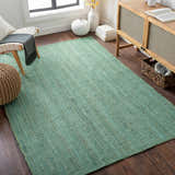 Living room scene with a Barksdale Green hand woven jute rug, wood floors, and natural decor. Roomscene-Rectangle