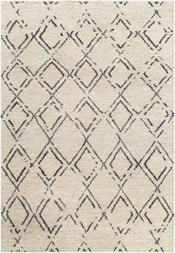 Close-up of Barlig Beige Trellis Jute Carpet, showcasing the hand-woven texture and black geometric diamond pattern. Design-Rectangle