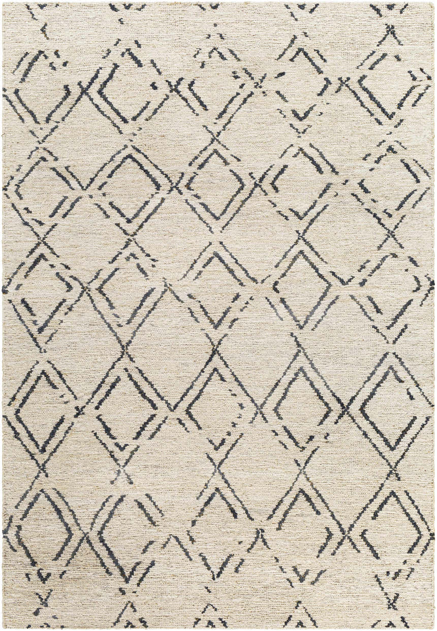 Close-up of Barlig Beige Trellis Jute Carpet, showcasing the hand-woven texture and black geometric diamond pattern. Design-Rectangle