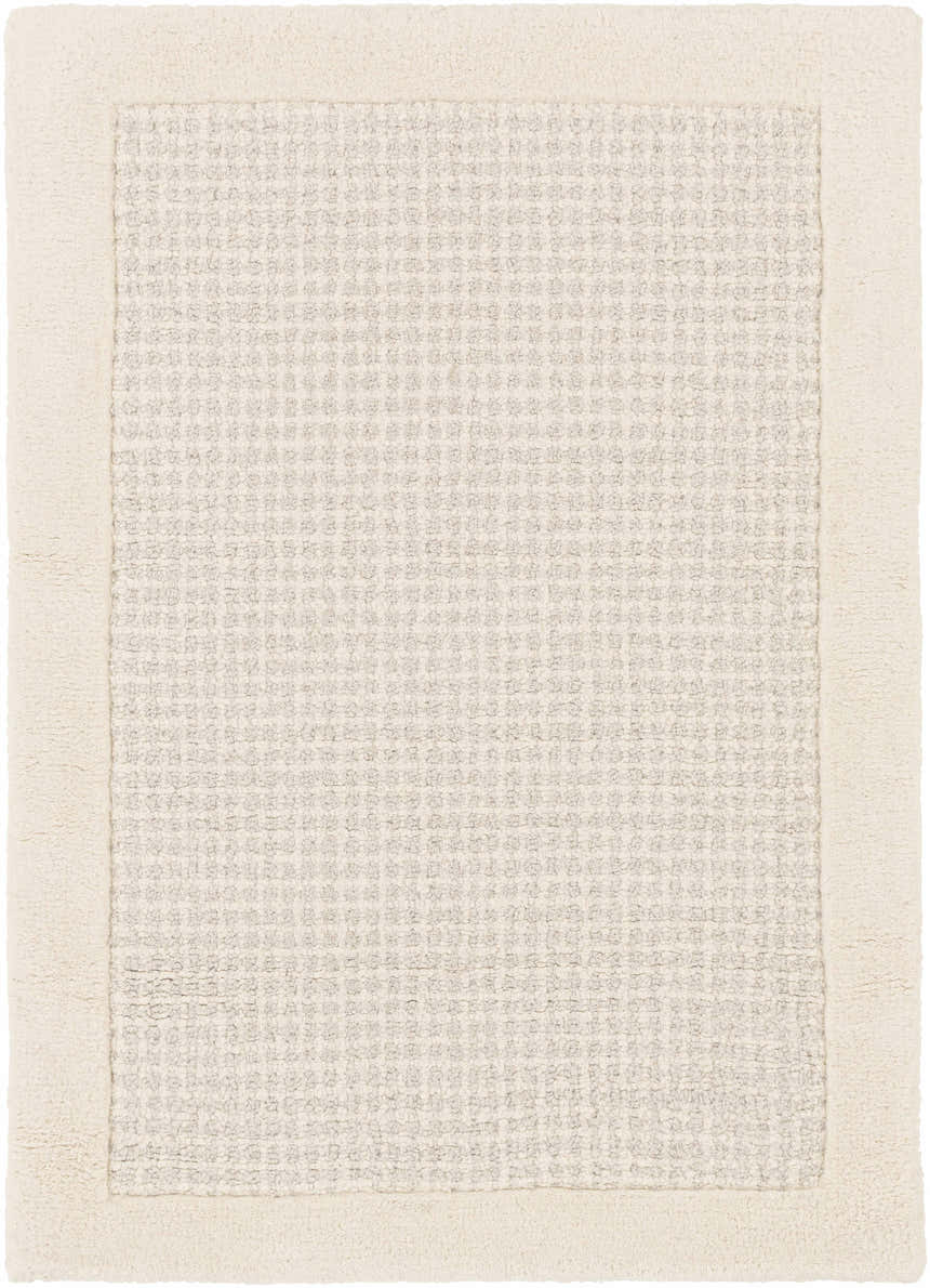 Close-up of the hand-tufted Barrow Wool Rug. Cream border and light gray textured center with a subtle striped pattern. Design-Rectangle-23