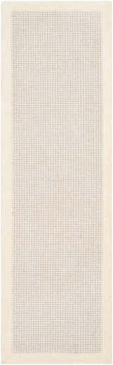 Close-up of the Barrow Wool Rug. Cream rug with a light gray woven striped pattern and a plush, hand-tufted texture. Design-Runner-268