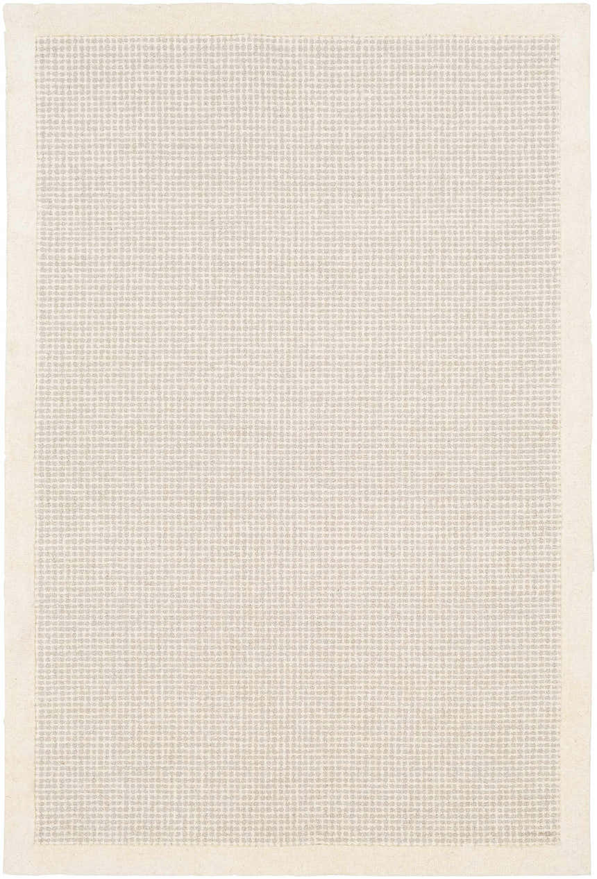 Close-up of the hand-tufted Barrow Wool Rug. Cream rug with a subtle light gray striped pattern and soft, textured wool. Design-Rectangle-576