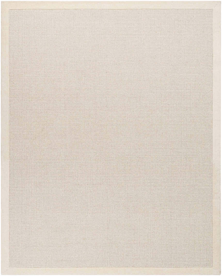 Close-up of the Barrow Wool Rug. Cream and light gray rug with a subtle striped pattern and soft, hand-tufted texture. Design-Rectangle-810