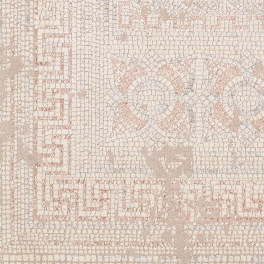 Close-up of the Terlingua Blush Greek Mosaic Carpet showing the blush, tan, and brown mosaic-style pattern. Swatch