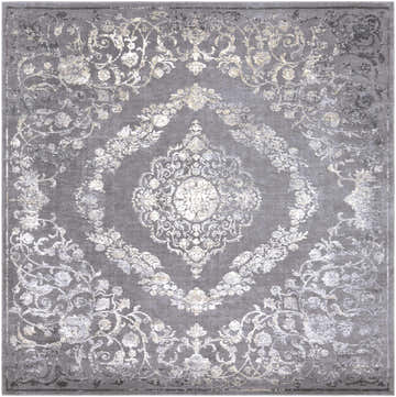 Close-up of a gray Battleview Updated Traditional Tibetan Rug with beige, charcoal, and tan floral medallion pattern. Design-Square-710