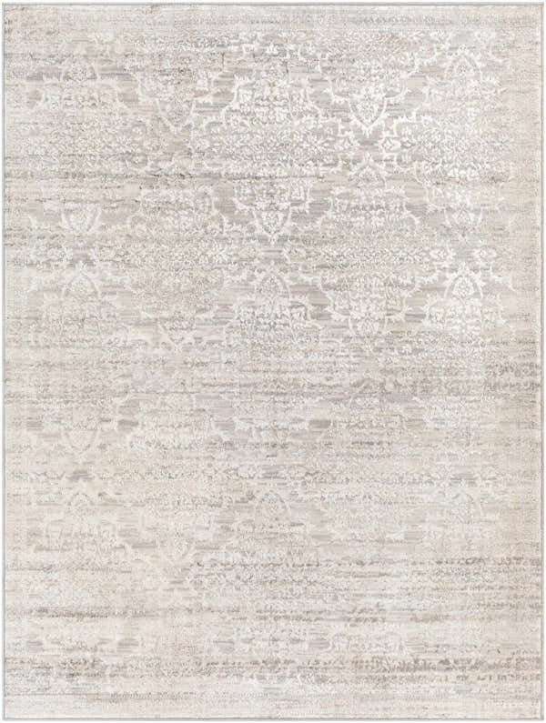 Close-up of the Batasan Neutral Area Rug, showcasing its subtle charcoal, gray, and light gray traditional pattern. Design-Rectangle-527