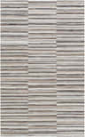 Close-up of Batehaven rug; a premium leather, hand-crafted rug in beige, brown, and gray horizontal stripes. Design-Rectangle-58