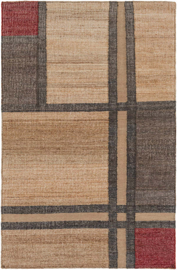 Close-up of the hand woven Bauxite Area Rug. Contemporary style with burgundy, charcoal, tan, and dark brown colors. Design-Rectangle-576