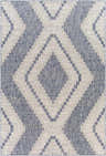 Close-up of McCrory Pale Blue Flat Rug. Geometric diamond pattern in pale blue, navy, and off-white. Machine woven texture. Design-Rectangle-537
