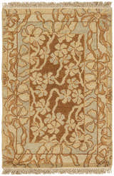Close-up of the Bayberry Area Carpet. Hand-knotted wool rug with floral pattern in camel, brown, and beige tones. Farmhouse style. Design-Rectangle-23