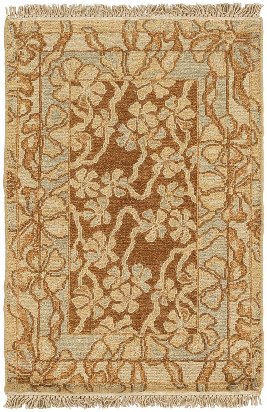 Close-up of the Bayberry Area Carpet. Hand-knotted wool rug with floral pattern in camel, brown, and beige tones. Farmhouse style. Design-Rectangle-23