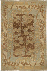 Detailed floral pattern on a hand-knotted Bayberry Area Carpet in camel, brown, beige, and faded driftwood hues. Design-Rectangle-69