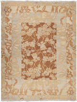 Close-up of the Bayberry Area Carpet. Hand-knotted wool rug with floral design in camel, brown, beige, and off-white tones. Design-Rectangle-912