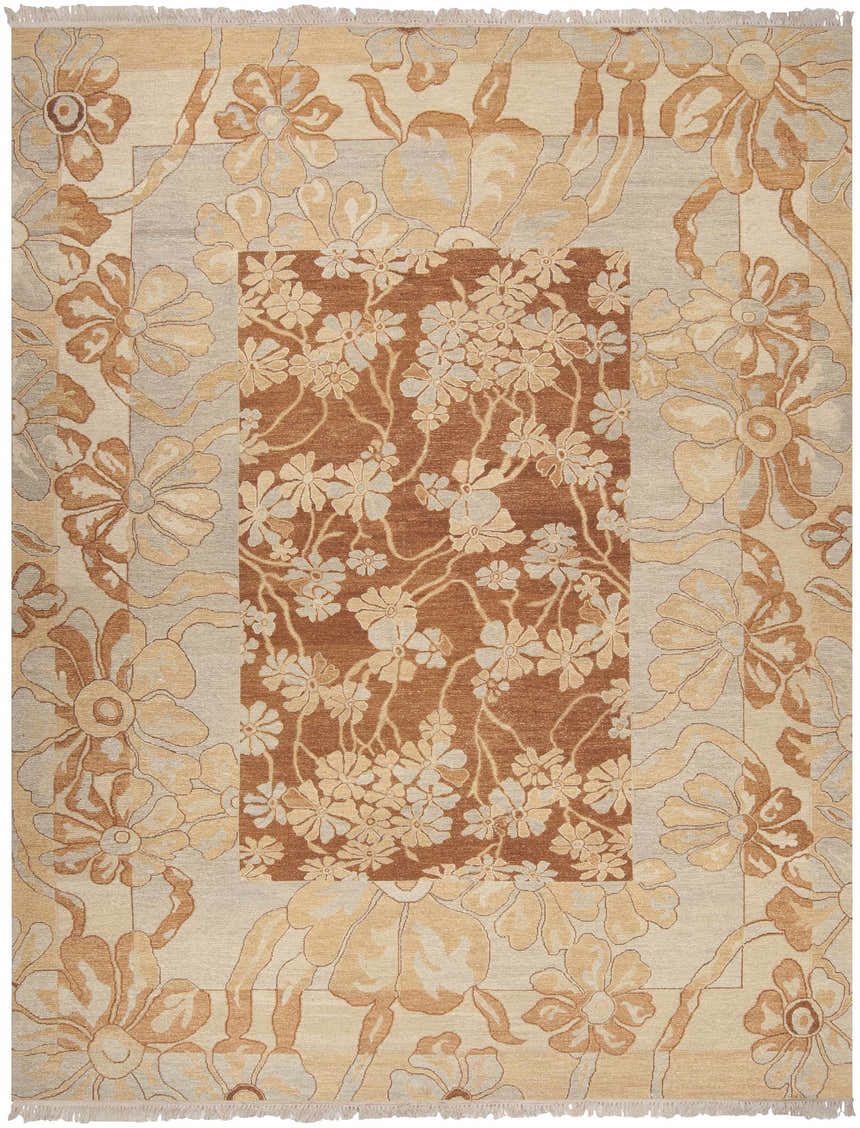 Close-up of the Bayberry Area Carpet. Hand-knotted wool rug with floral design in camel, brown, beige, and off-white tones. Design-Rectangle-912