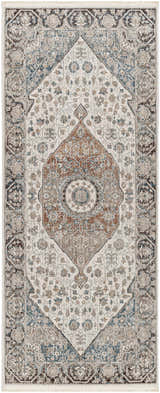 Close-up of the Baychester Area Rug, a traditional rug with cream, denim, and brown oriental-inspired patterns. Design-Runner