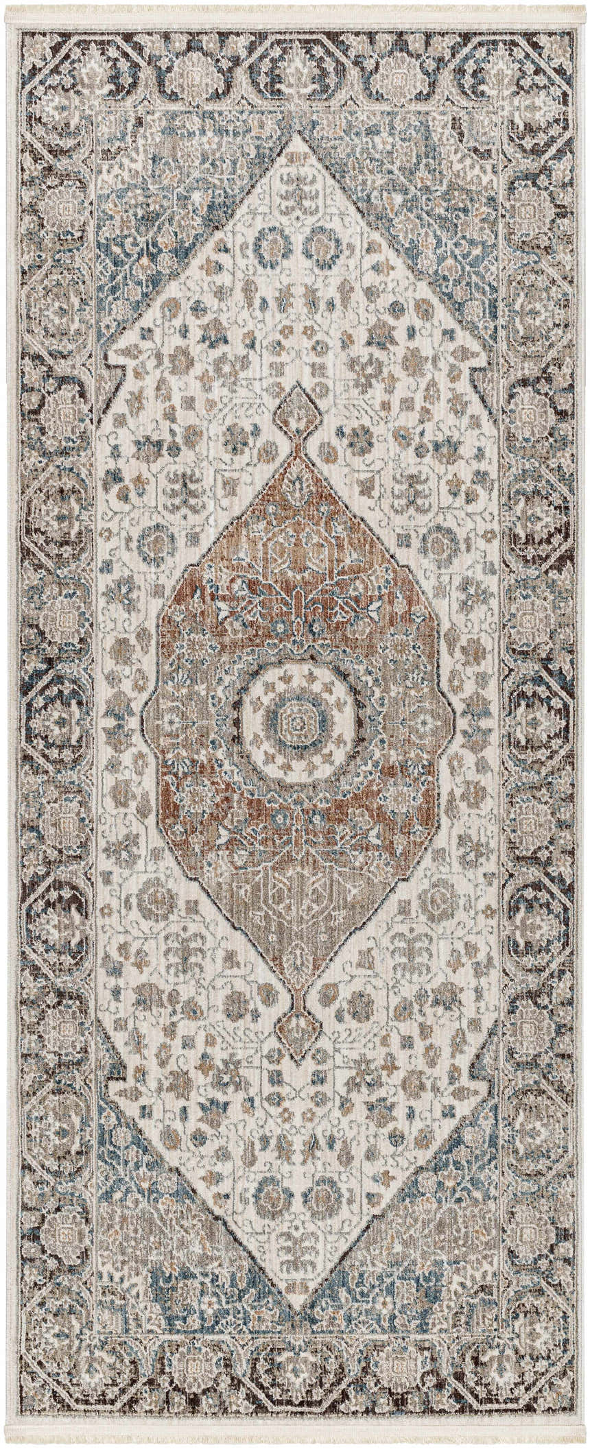 Close-up of the Baychester Area Rug, a traditional rug with cream, denim, and brown oriental-inspired patterns. Design-Runner